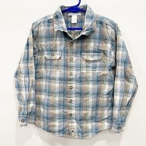 Janie And Jack Snap Closure Long Sleeve Plaid Shirt Size 7 Tan Blue